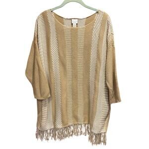 Chico's Womens Filipa Stripe Cozy 3/4 Sleeve Beige White Fringe Sweater Small